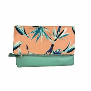 Rachel Pally Two-Sides Turquoise Faux Leather & Pink Palm Print Canvas Clutch.